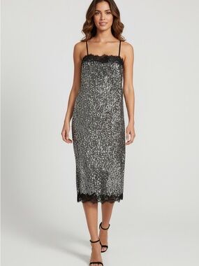 Lilly Sisto for Gianni Bini Black Lace Sequin Silver Party Cocktail MIDI Dress